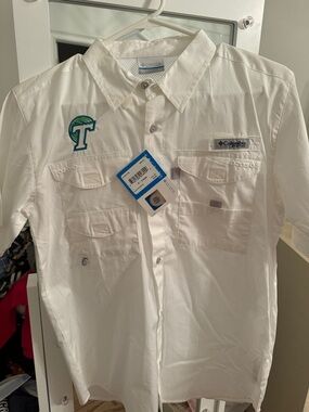 Columbia White Short-Sleeve Button Down Fishing Shirt Tulane NWT